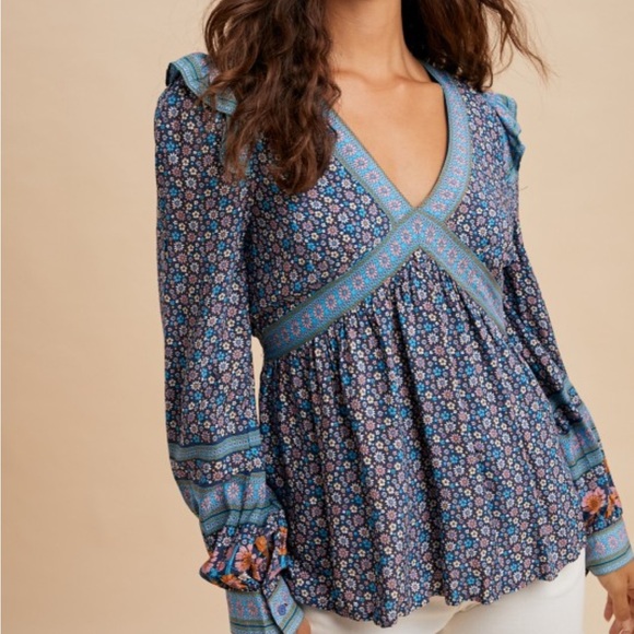 Floral Print Boho Blouse Blue - Picture 2 of 6